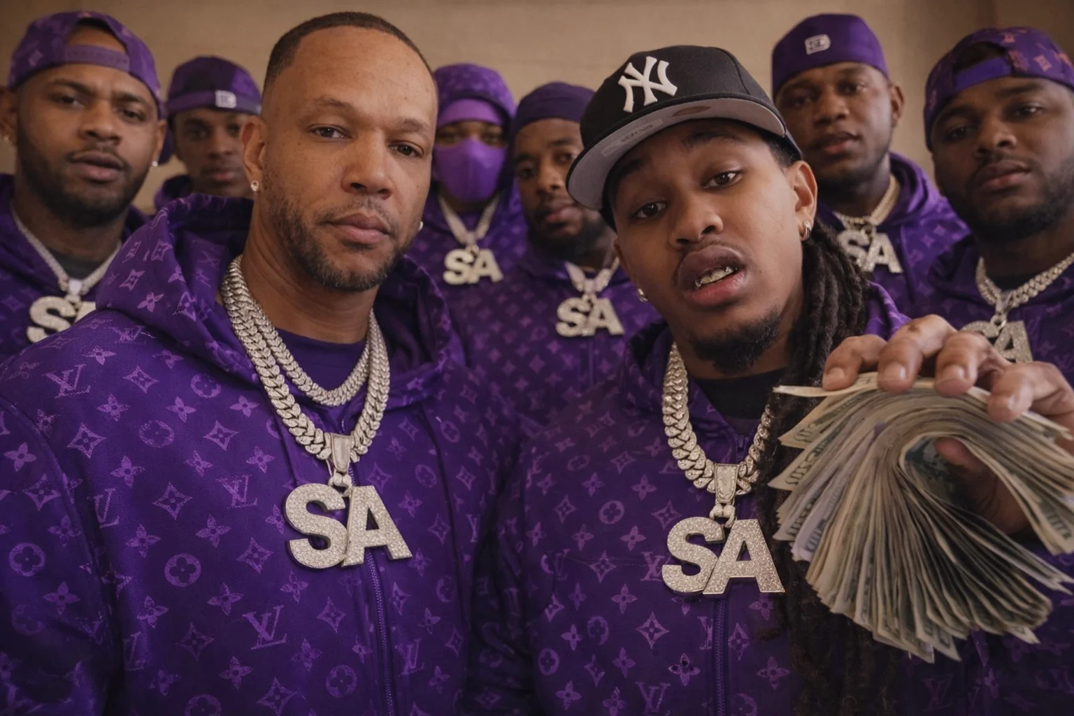 Supreme Alliance crew in purple LV hoodies with SA diamond Cuban link chains